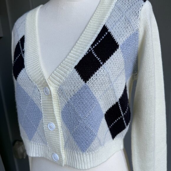 Full Tilt Long Sleeve Argyle Cardigan Cream, Light Blue and Dark Blue - Size M - Picture 5 of 7